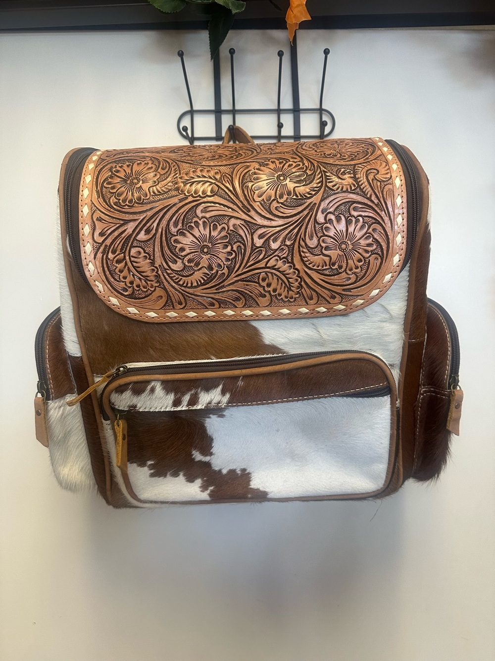 Hand-Tooled Floral Leather & Cowhide Backpack - Brown/White